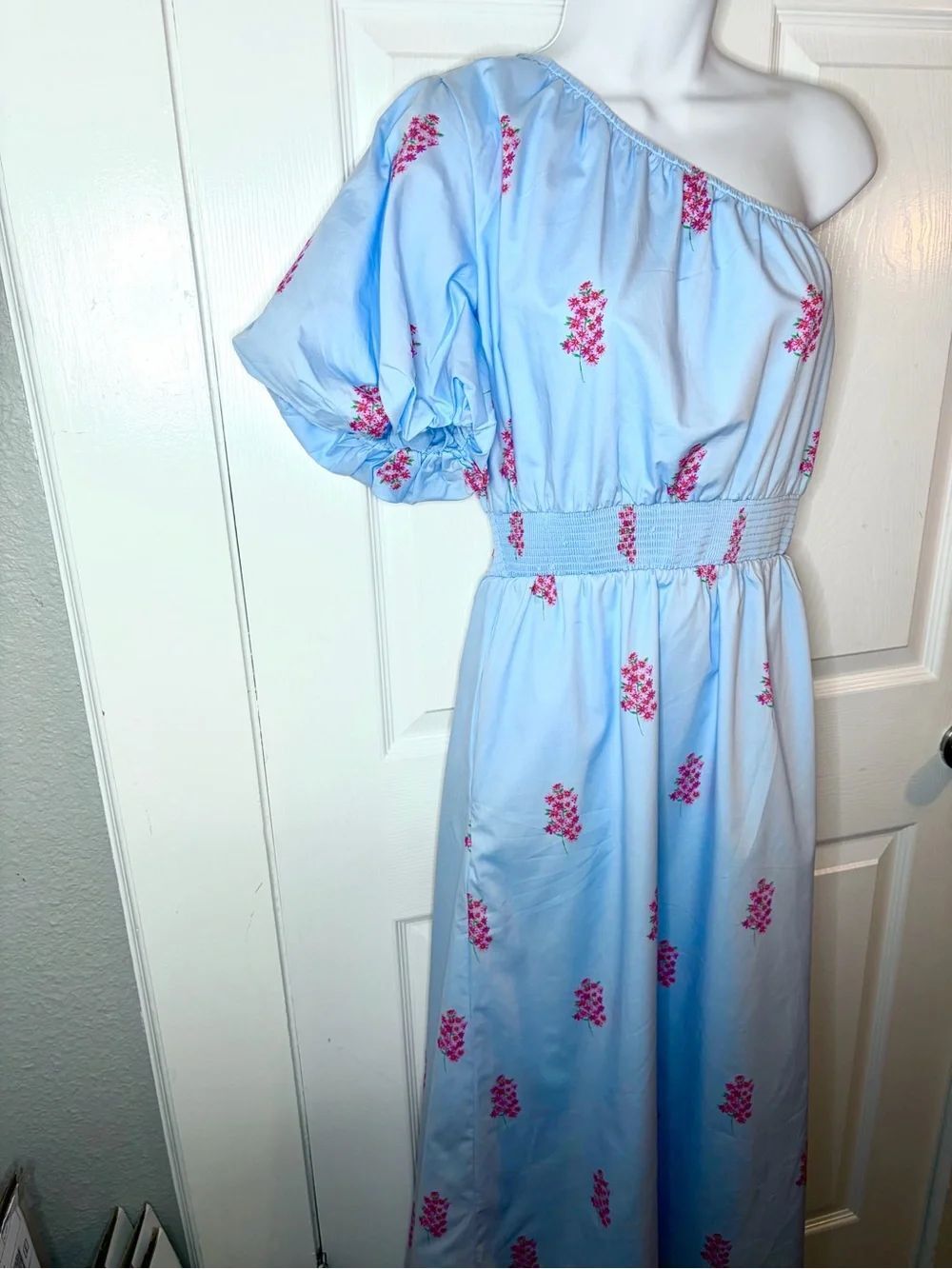 SUGARLIPS Gelato Baby Blue Pink Floral Bridgette Cotton One Shoulder Midi Dress - Picture 9 of 13